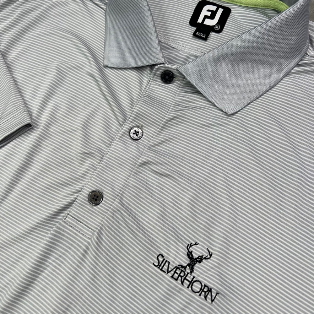 FootJoy Golf Polo Shirt Mens XL Gray Striped Silverhorn Logo Performance Stretch